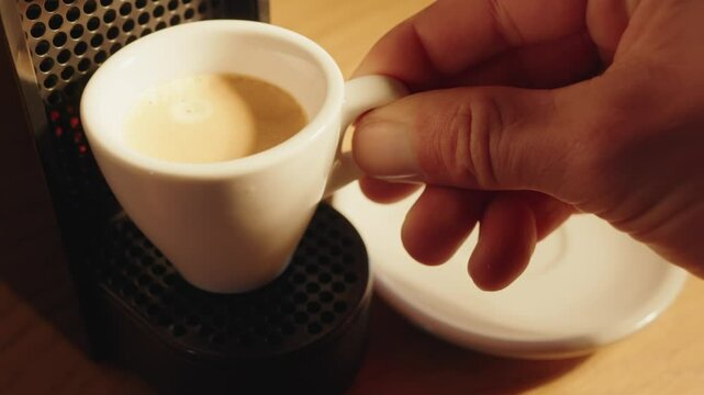 Close-up view of a freshly brewed espresso being served in a white ceramic cup with a hand holding it, made using a convenient modern coffee maker machine.