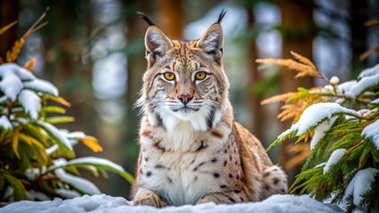 Obraz premium Majestic Lynx Staring Intently Amidst Snowy Forest Landscape