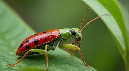Naklejka premium Vibrant Green and Red Grasshopper Close-Up in Outdoor Leaf Habitat Macro Photography