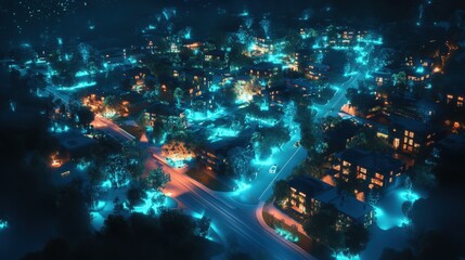 Concept of a zero-carbon city at night, glowing with vibrant blue and green bioluminescent streetlights
