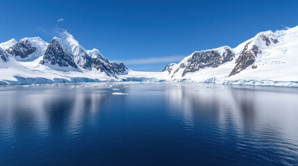 stunning glacier landscape with mountains and calm blue waters reflecting sky