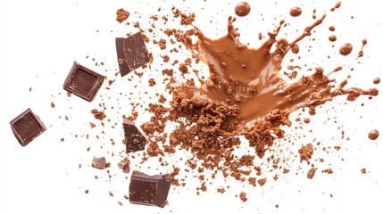 Fototapeta premium liquid chocolate splash with some pieces of chocolate left isolated on white background