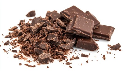 Fototapeta premium liquid chocolate splash with some pieces of chocolate left isolated on white background
