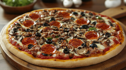 freshly baked pizza with toppings pepperoni, mushrooms, olives, mozzarella cheese on a wooden board