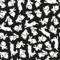Black Background Whimsical White Easter Bunnies. A seamless Easter-themed pattern that perfect for holiday decorations, greeting cards, fabric prints, gift wraps, and creative Easter design projects.