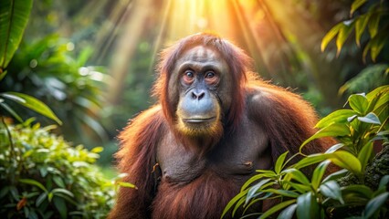 Majestic Orangutan in Lush Green Jungle Surrounded by Sunlight