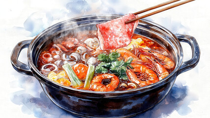 Steaming_hot_pot_illustration:_meat,_seafood_and_vegetables_in_broth_with_chopsticks,_in_a_low_angle_view.