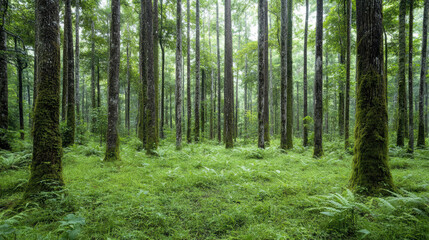 Obraz premium Lush rainforest scene with towering trees and vibrant green foliage