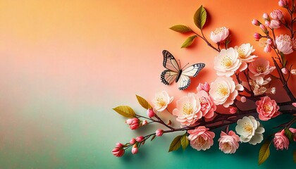 Spring, colorful background with blooming twigs and butterflies