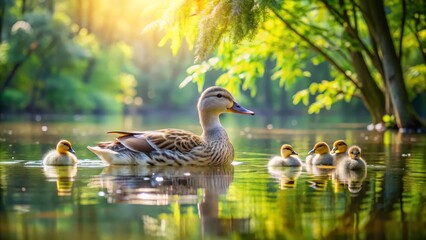 Mother Duck Swimming with Her Ducklings in a Serene Pond