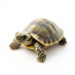 Obraz premium A small, patterned tortoise with mottled skin, sits on a plain white surface, presenting its textured legs.