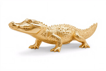 Obraz premium Golden alligator figurine with textured skin, standing on a white surface under bright light.