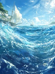 Sunny seascape with sailing ships, vibrant blue waves, and clear sky.