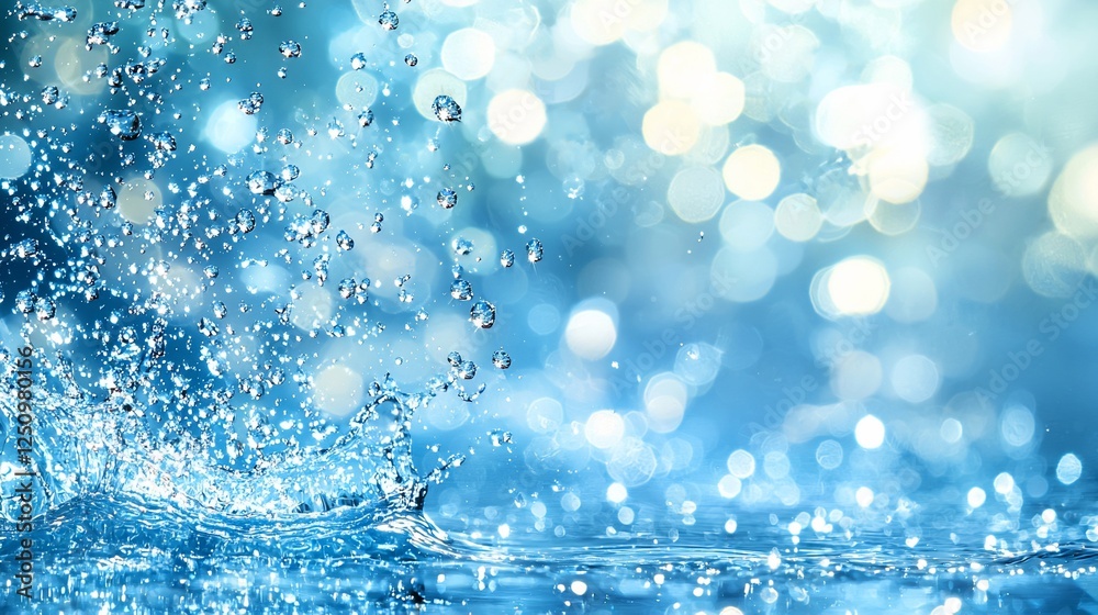Poster water splash abstract background, vibrant blue tones, bokeh effect. possible use presentation slide,