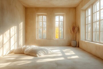 Obraz premium Sunlit Room Featuring Minimalist Bedding and Dried Flowers