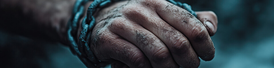 Close-up of Dirt-Covered Hand Restrained by Chain