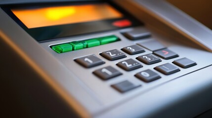 Obraz premium Close-up of an ATM keypad with illuminated buttons and display.