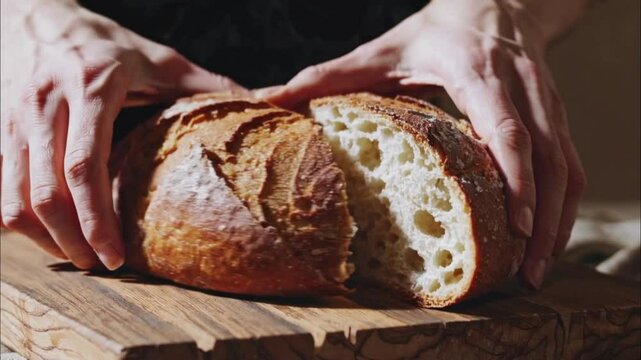 Isolated Chef's hands opening up an baked artisanal bread loaf sliced in half