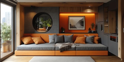 Cozy modern living room design with orange accents in urban apartment