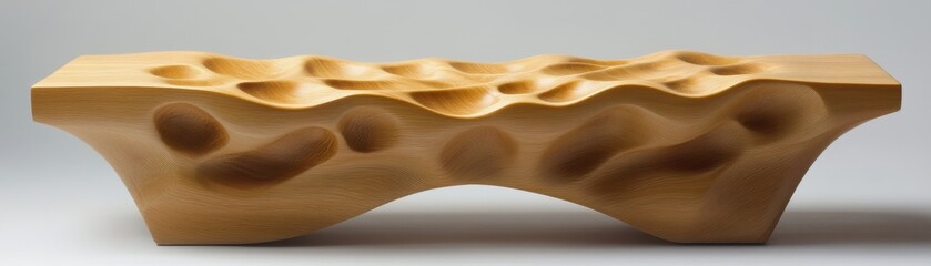 Discover bespoke seating with this elegant wooden bench showcasing a wave-like sculptural design Custom craftsmanship elevates this furniture piece into a work of art Explore the unique texture and