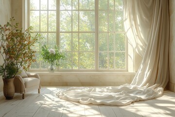 Sunlit Room with Chair Flowers and Draped Fabric