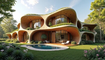 Bionic architectural design featuring a flowing structure with organic shapes and integrated nature for a harmonious living experience