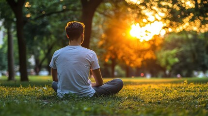 Young man sitting on grassy field at sunrise, practicing deep meditation