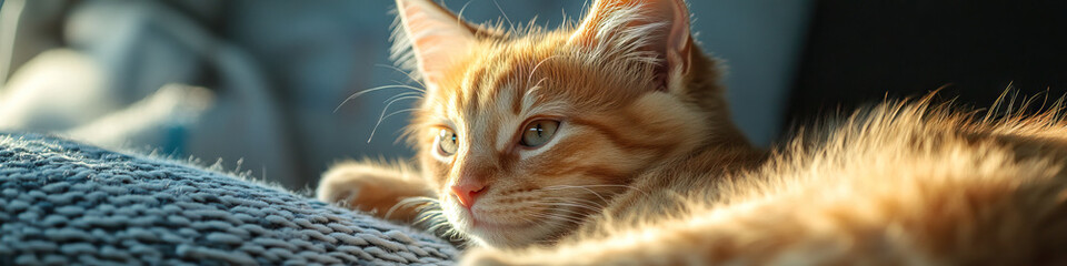 Ginger Kitten Resting on Grey Fabric