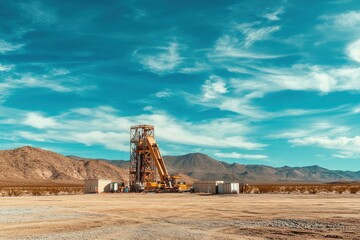 Fototapeta premium Large-scale construction project in the desert, featuring earth-toned machinery contrasted against a vibrant blue sky with wispy white clouds
