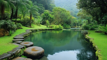 Fototapeta premium Tranquil green garden with still pond, reflecting peaceful surroundings