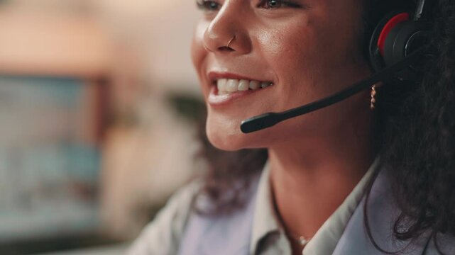 Call center consultant, woman and talking with microphone for customer service, debt liquidation or query. Friendly financial agent, headset or speaking to client for finance management or assistance