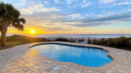 Fototapeta premium serene sunrise over ocean, reflecting in tranquil pool
