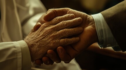 Discover heartwarming imagery showcasing genuine Doctor holding an elderly mans hands in a moment of warmth and encouragement, illustrating deep compassion Witness the profound connection between