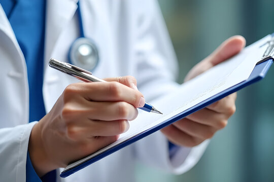 Hands, prescription and writing with doctor in hospital, closeup for checklist or medical aid. Clipboard, diagnosis and document with healthcare professional person in clinic for planning or research