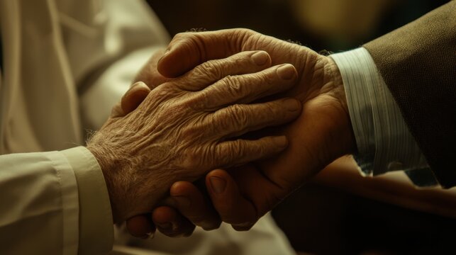 Discover heartwarming imagery showcasing genuine Doctor holding an elderly mans hands in a moment of warmth and encouragement, illustrating deep compassion Witness the profound connection between