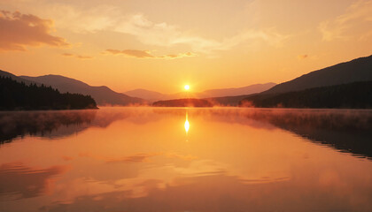 Breathtaking sunset over calm lake with reflections, tranquil nature