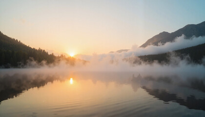 Fototapeta premium Misty sunrise over tranquil lake, nature's serenity