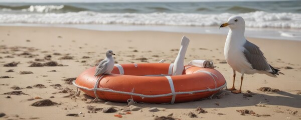 Fototapeta premium Abandoned lifebuoy on sandy beach with a seagull nearby, beach, surf