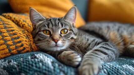 Grey Tabby Cat Resting on Cozy Knitted Blanket