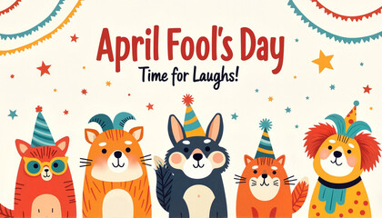 Playful cartoon animals celebrating April Fool's Day, joyful fun