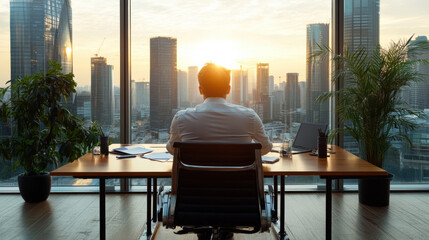 Fototapeta premium professional man sitting at desk, overlooking city skyline at sunset