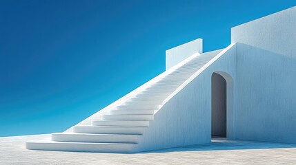 Obraz premium A perspective view of a long, white staircase leading up to an open door,