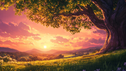 Fototapeta premium Majestic Oak Tree at Sunset Over Rolling Hills