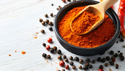 Aromatic spice. Ground pepper in bowl and scoop with peppercorns on white wooden table, closeup
