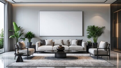 horizontal poster frame mock up in scandinavian style living room interior, modern living room interior background,  sofa and plants, 3d rendering