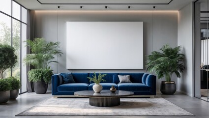horizontal poster frame mock up in scandinavian style living room interior, modern living room interior background,  sofa and plants, 3d rendering