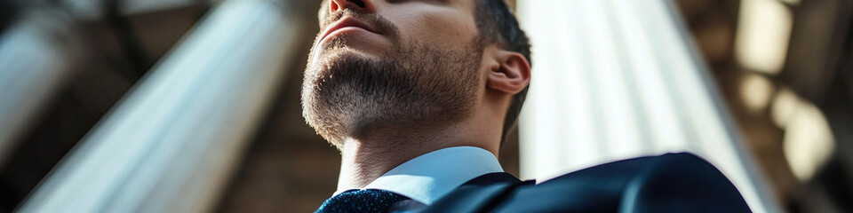 Fototapeta premium Close-up of Man's Neck and Jawline in Suit, Architectural Background
