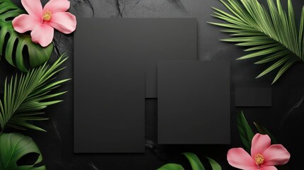 Obraz premium Elegant Tropical Mockup: Black Cards & Pink Flowers