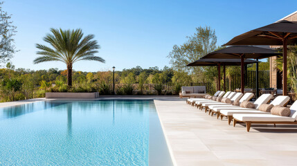 Fototapeta premium serene poolside view with lounge chairs and palm trees under clear sky