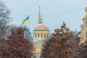 Winter Park. Walking around the city during heavy snowfall. Winter landscape in Ukraine. White snow...